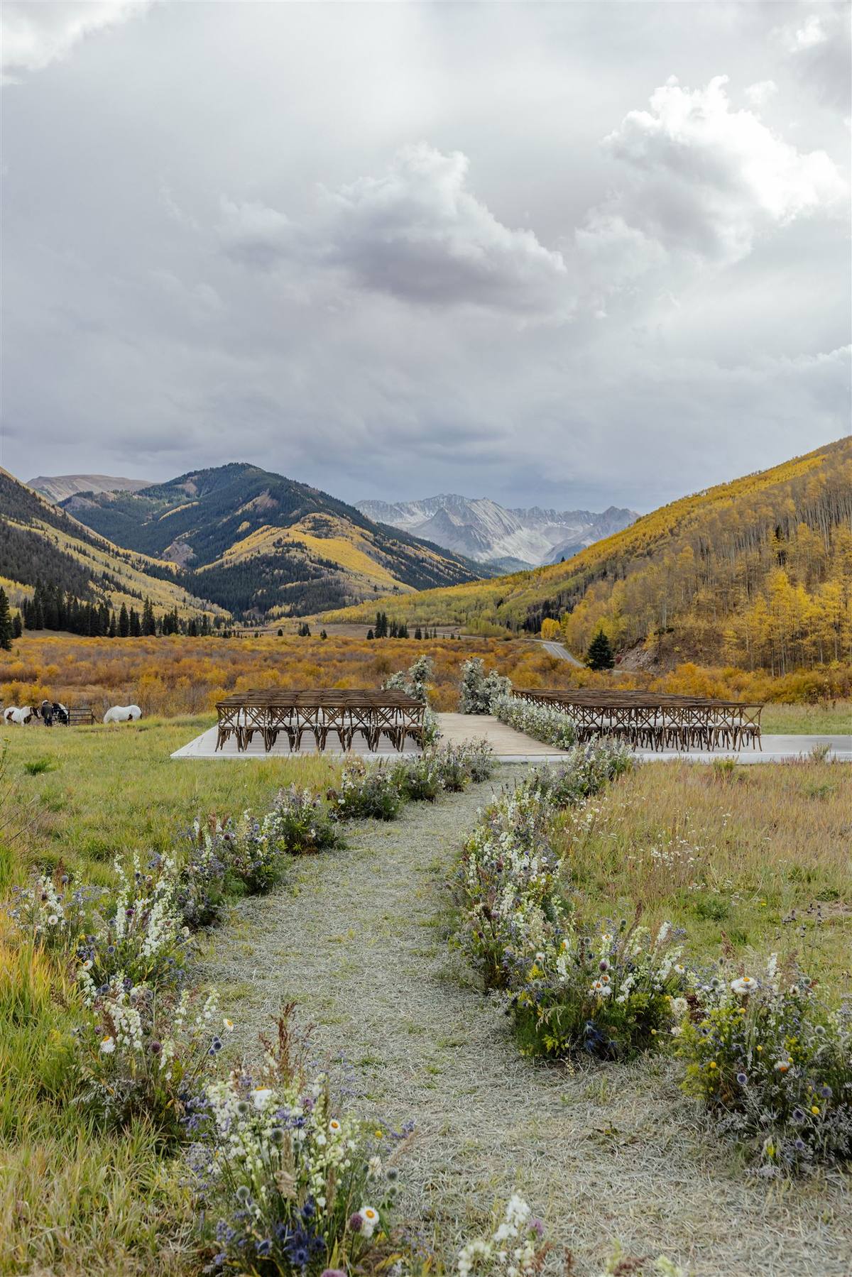 Ceremony aisle framed by meadow flowers with mountain views beyond