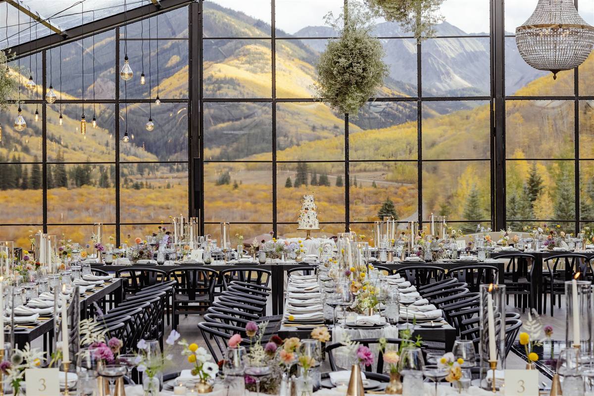 Ceremony aisle framed by meadow flowers with mountain views beyond